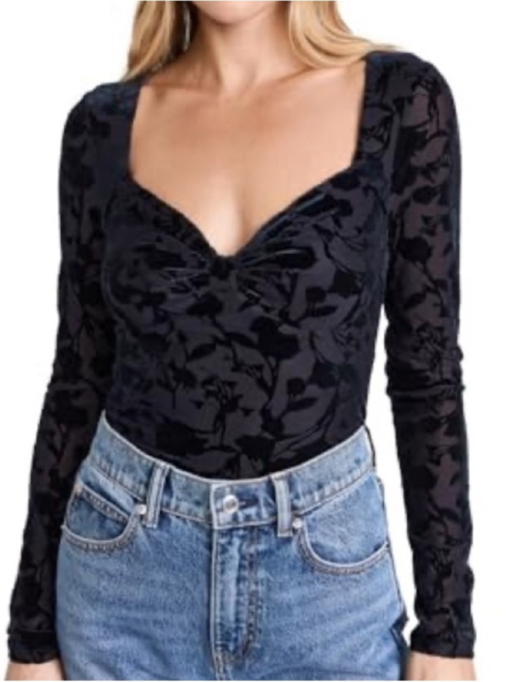 Astr Navy Floral Velvet Burnout Long Sleeve Sweetheart Top